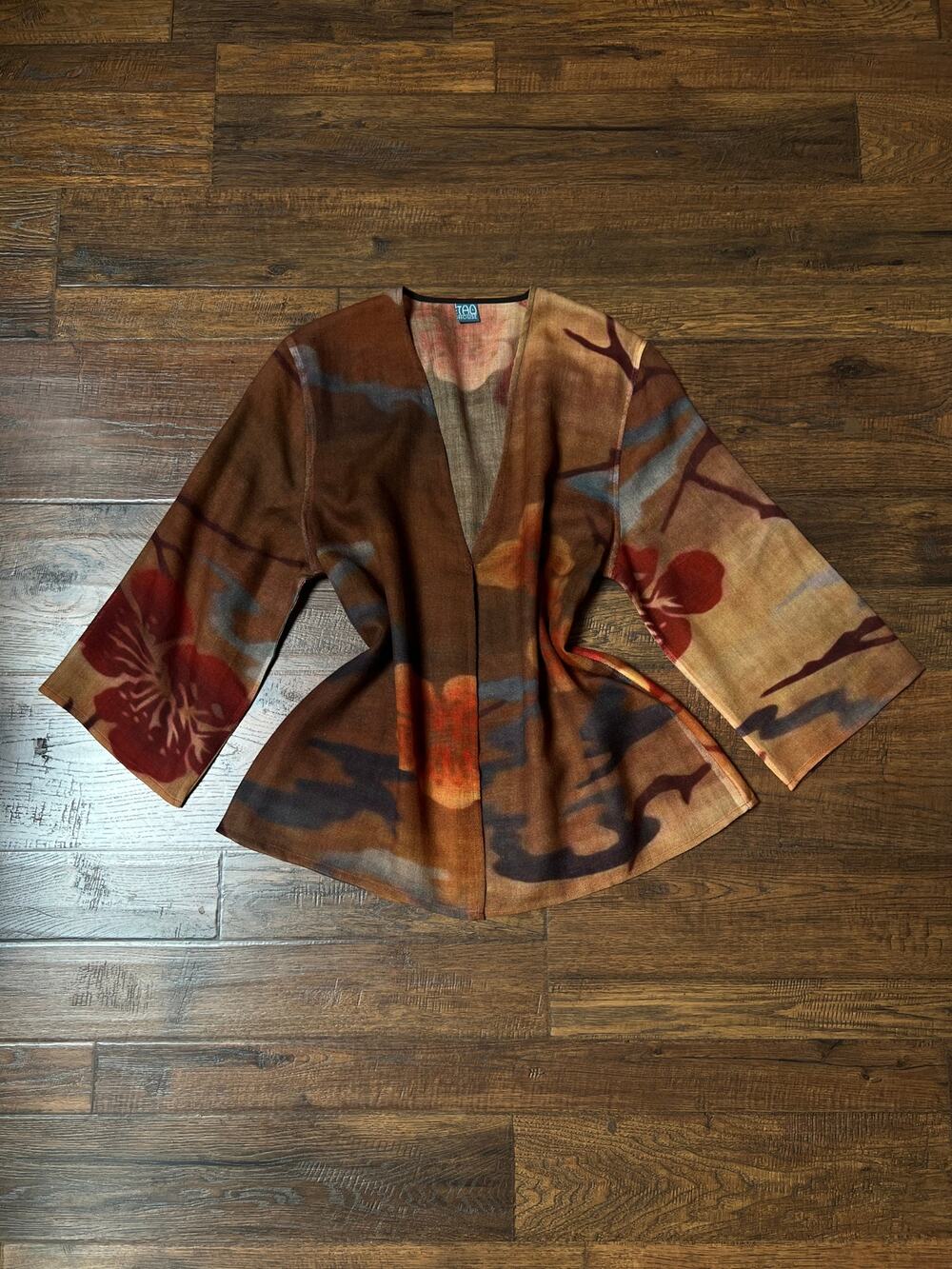 Vintage Tao House Cotton Knit Cardigan Abstract Floral Print Wide Sleeve Medium